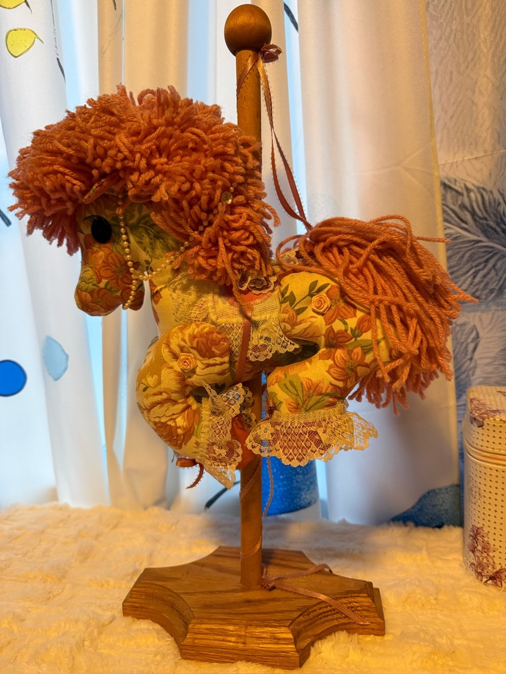 Vintage Handmade Fabric Carousel Horse on Wooden Stand | Cottage Decor | 20”